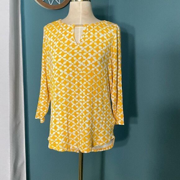 Michael Kors Womens Geometric 3/4 Sleeve Jersey Keyhole Top Yellow White Small - Picture 5 of 10